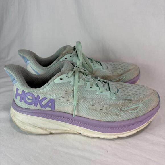 Hoka One One Clifton 9 Womens Size 10D Wide Green Purple Blue Running Athletic - Picture 1 of 15